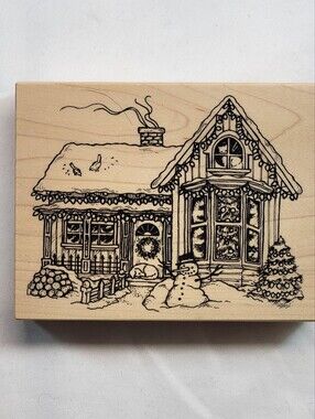 Vintage PSX Christmas House Rubber Stamp K-2139 Large Wood Mounted 4.75" x 3.75"